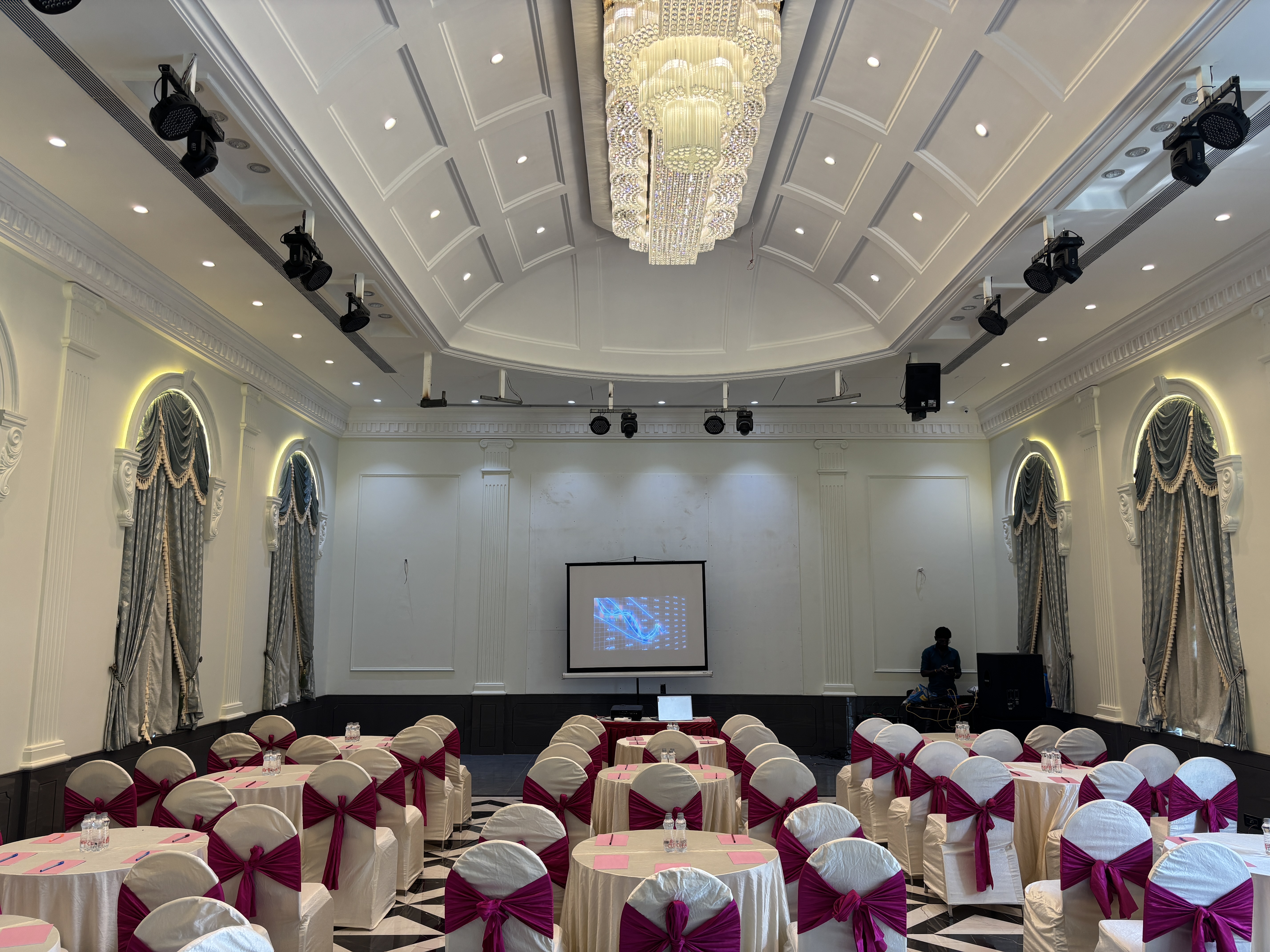 200-pax banquet hall set up for a corporate conference at Woodstock Acres, Ghodbunder Road
